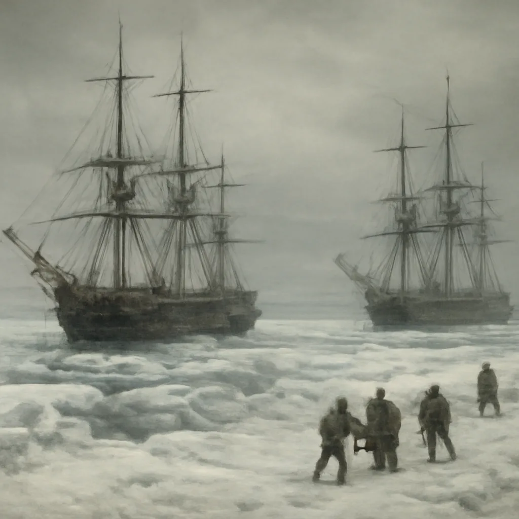 Two 19th-century Royal Navy ships trapped in sea ice near a bleak Arctic shoreline, low winter light, small groups of sailors on deck with period clothing and equipment, no identifiable faces.