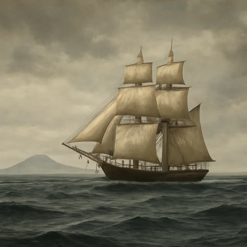 A 19th-century brigantine at sea under cloudy skies, viewed from a slight distance with no crew visible; the scene suggests an exposed Pacific passage in the era of sail.