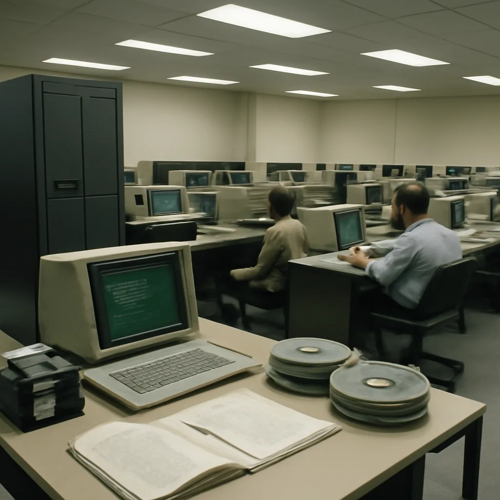 Early 1980s computer room with mainframe terminals, floppy disks and operator at a console, showing the hardware and media common when self-replicating programs first appeared.