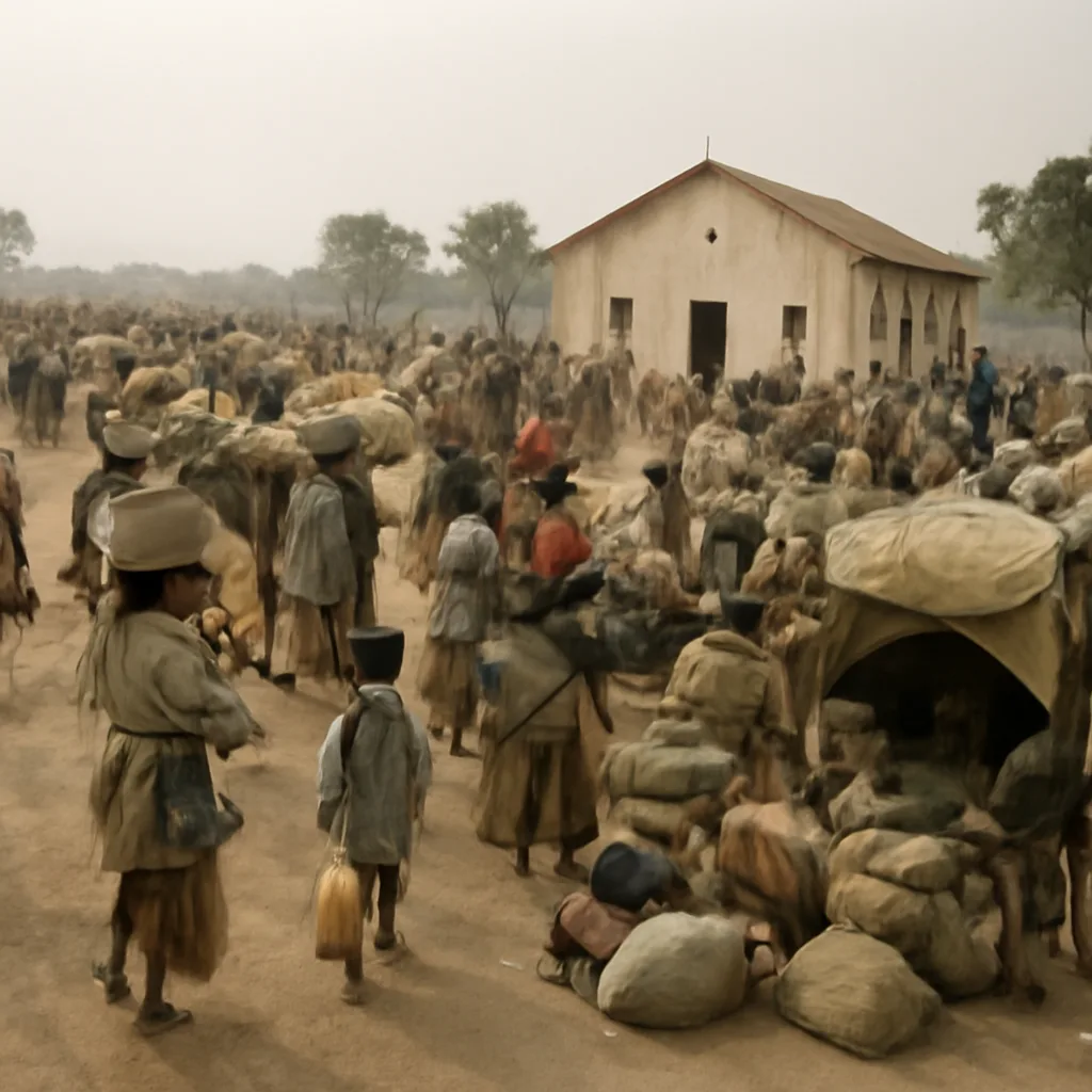Crowds of displaced Rwandan civilians with belongings on a dirt road near a makeshift shelter area in mid-1994, surrounded by simple buildings and sparse vegetation.