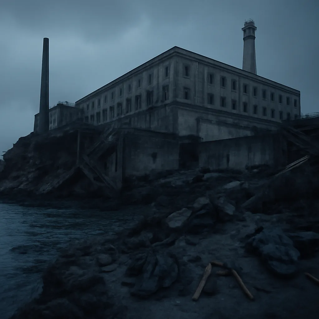 Black-and-white view of Alcatraz Island shore and cellblock exterior circa early 1960s, with rocky shoreline and rough water in San Francisco Bay.