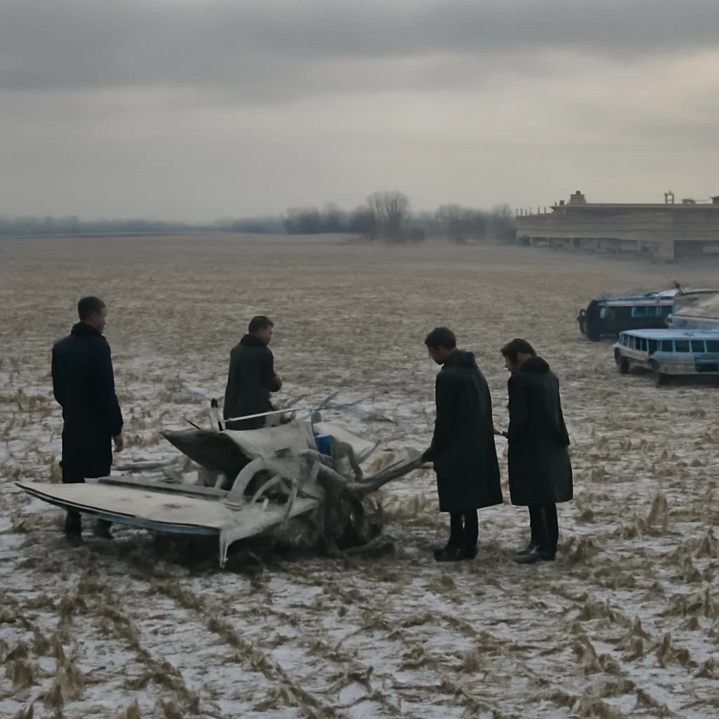 A snowy Iowa cornfield near Clear Lake in 1959 with a small airplane wreckage site cordoned off and investigators and onlookers nearby; period clothing and vehicles visible.