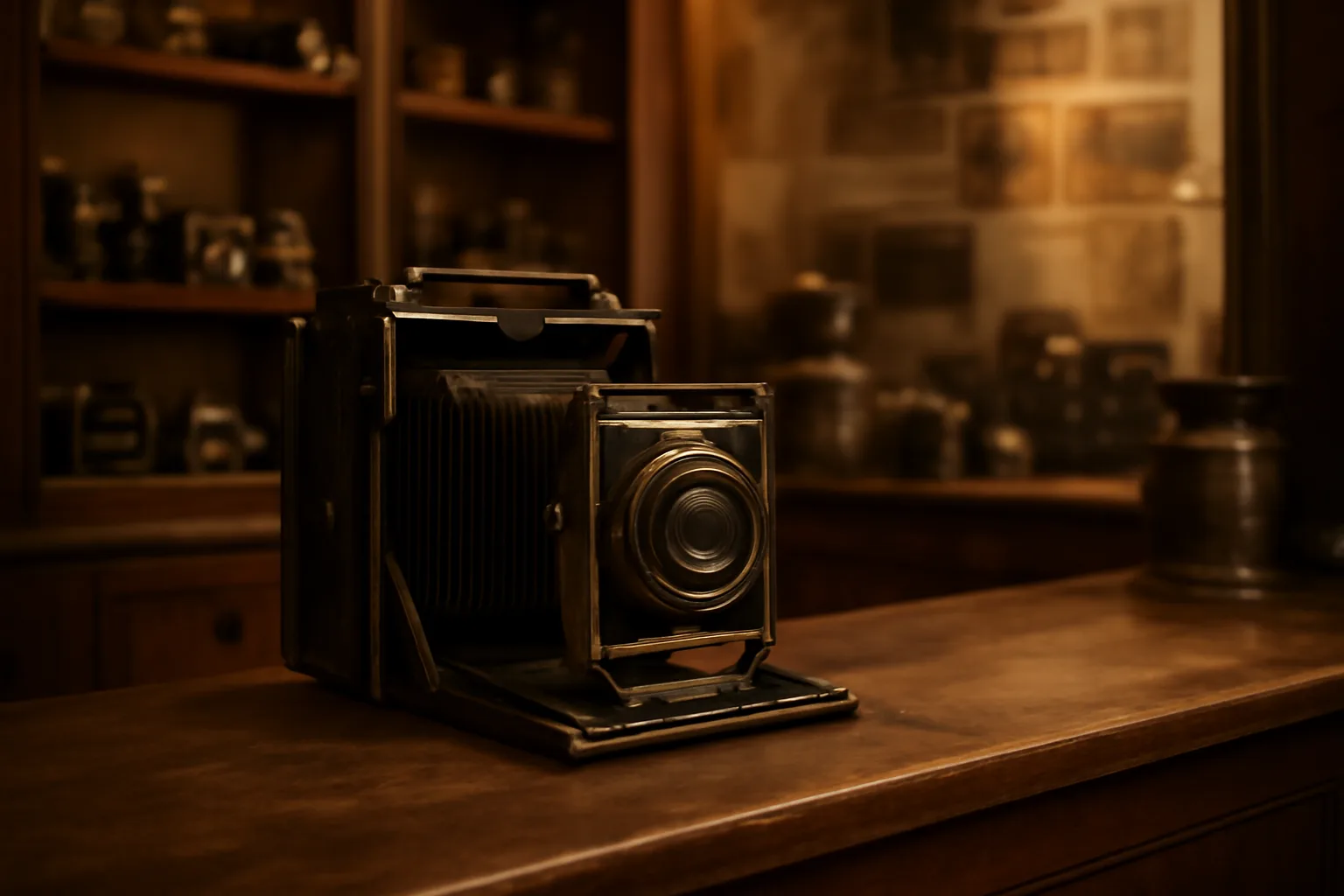 Vintage 1930s camera on a wooden counter in an English photography shop with old camera equipment visible around it