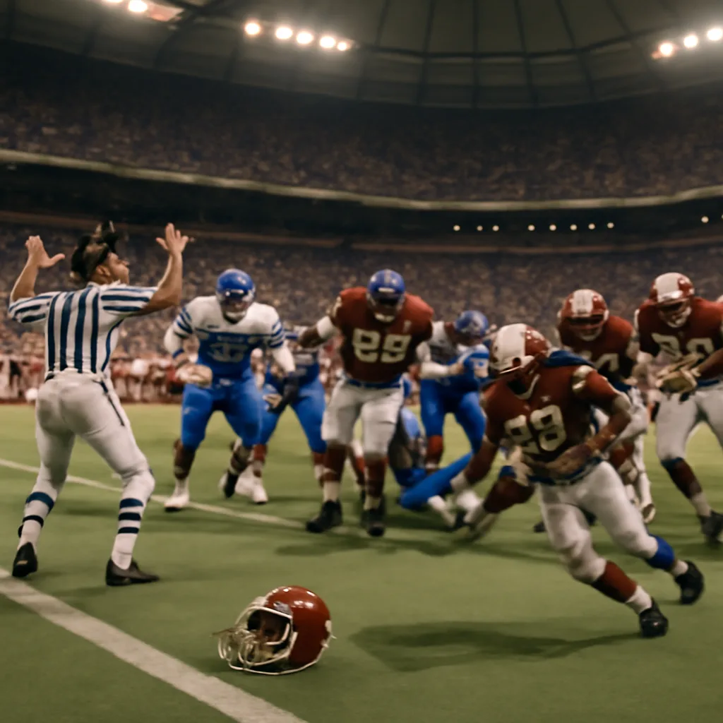 Football play at the start of a Super Bowl in 1994: a running back on a kickoff return with his helmet knocked off on the field and teammates around him.