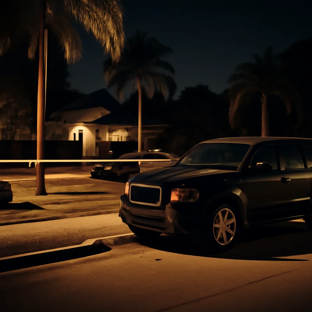 A suburban driveway at night outside a gated Florida home, with a damaged black SUV at the curb and police tape and parked police vehicles nearby.