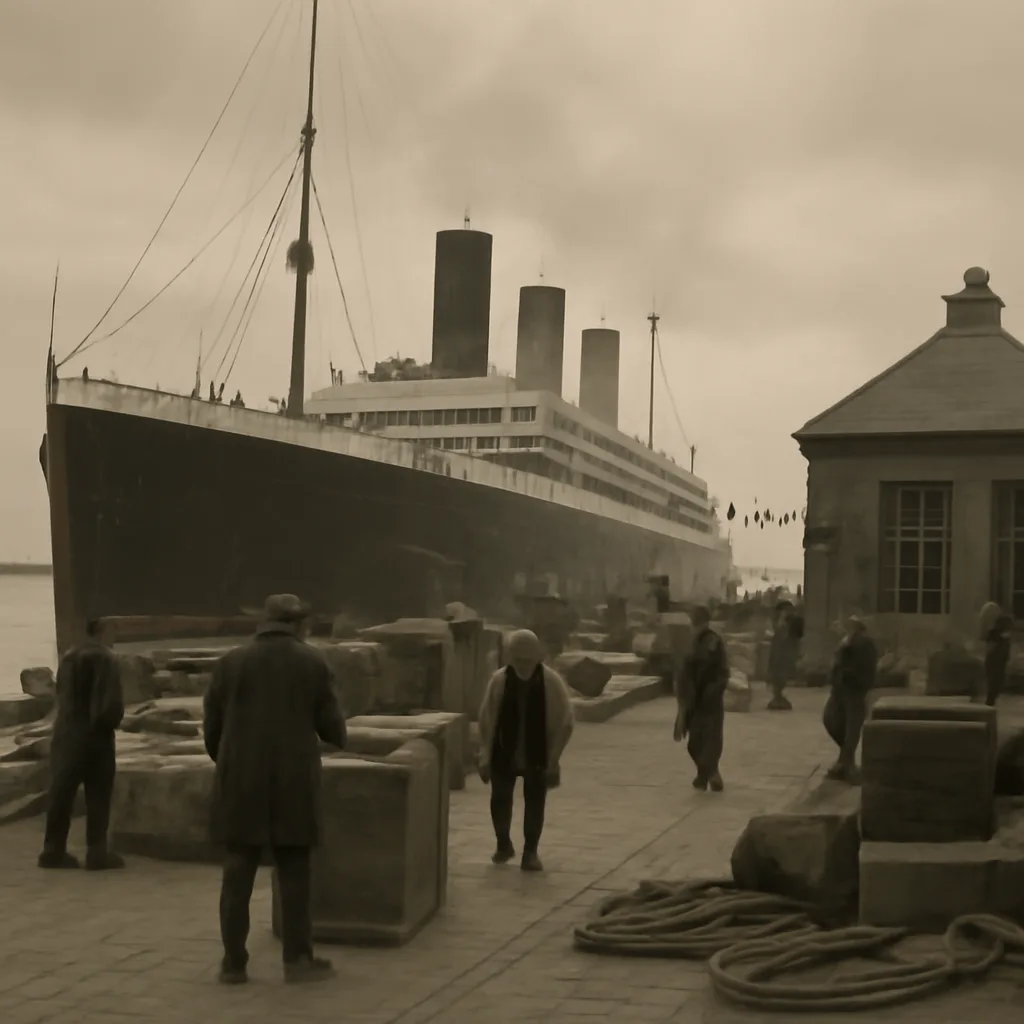 Historic steam liner moored at dockside, early 1910s, with dockworkers and wooden crates in foreground; a somber, overcast sky.