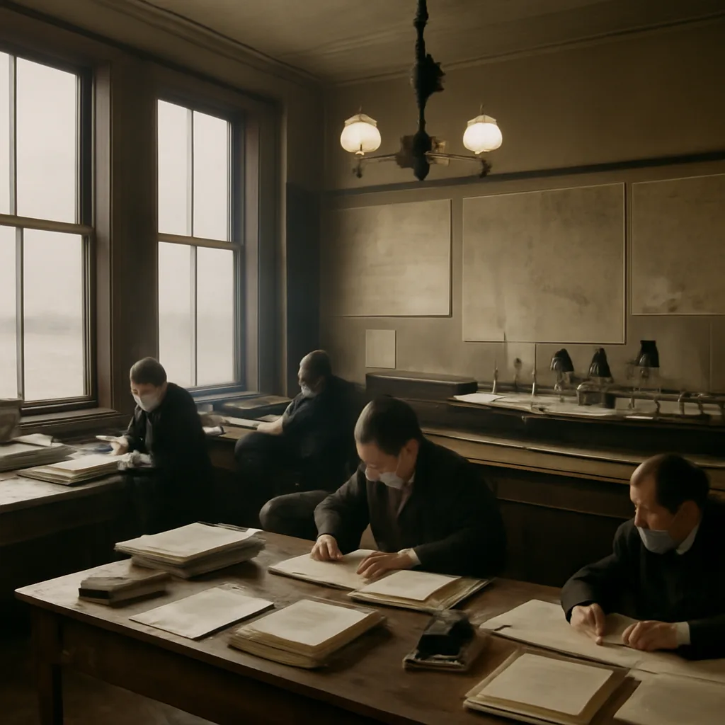Black-and-white scene of early 20th-century harbor office: clerks at desks, ledgers and paperwork, a model of an ocean liner on a side table, reflecting administrative processing after the Titanic disaster.