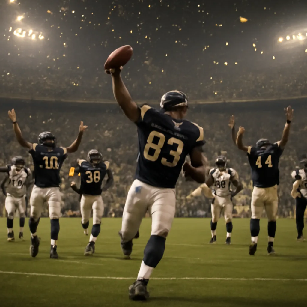 Tennessee Titans players celebrating on the field after a last-second kickoff return touchdown against the Buffalo Bills; referees and players from both teams nearby, stadium crowd in background.