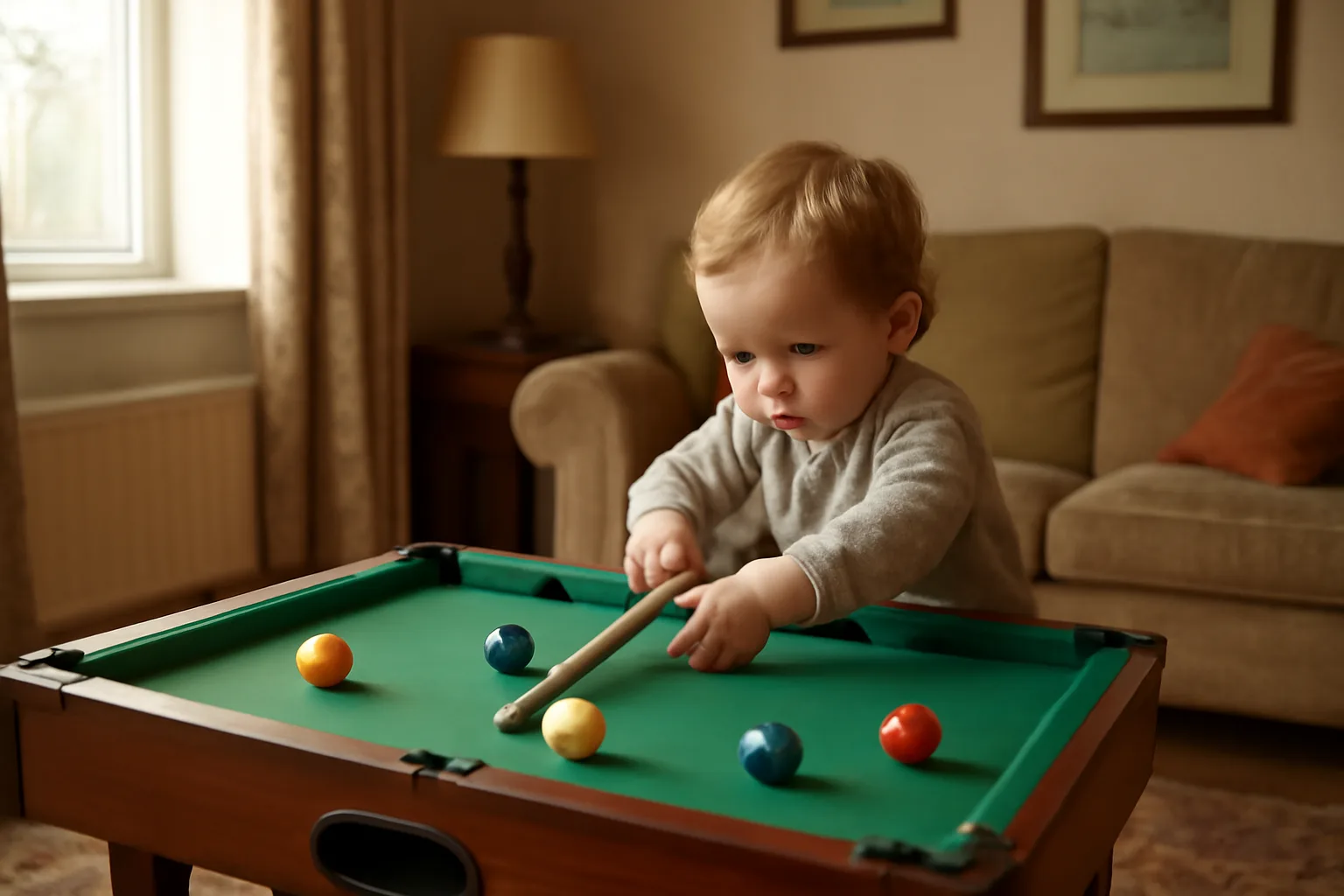 A toddler focused intently playing a game of pool on a small table in a well-lit living room