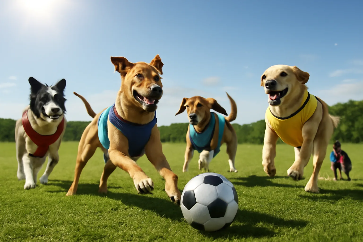 Energetic dogs in sports gear playing football on a lush green field