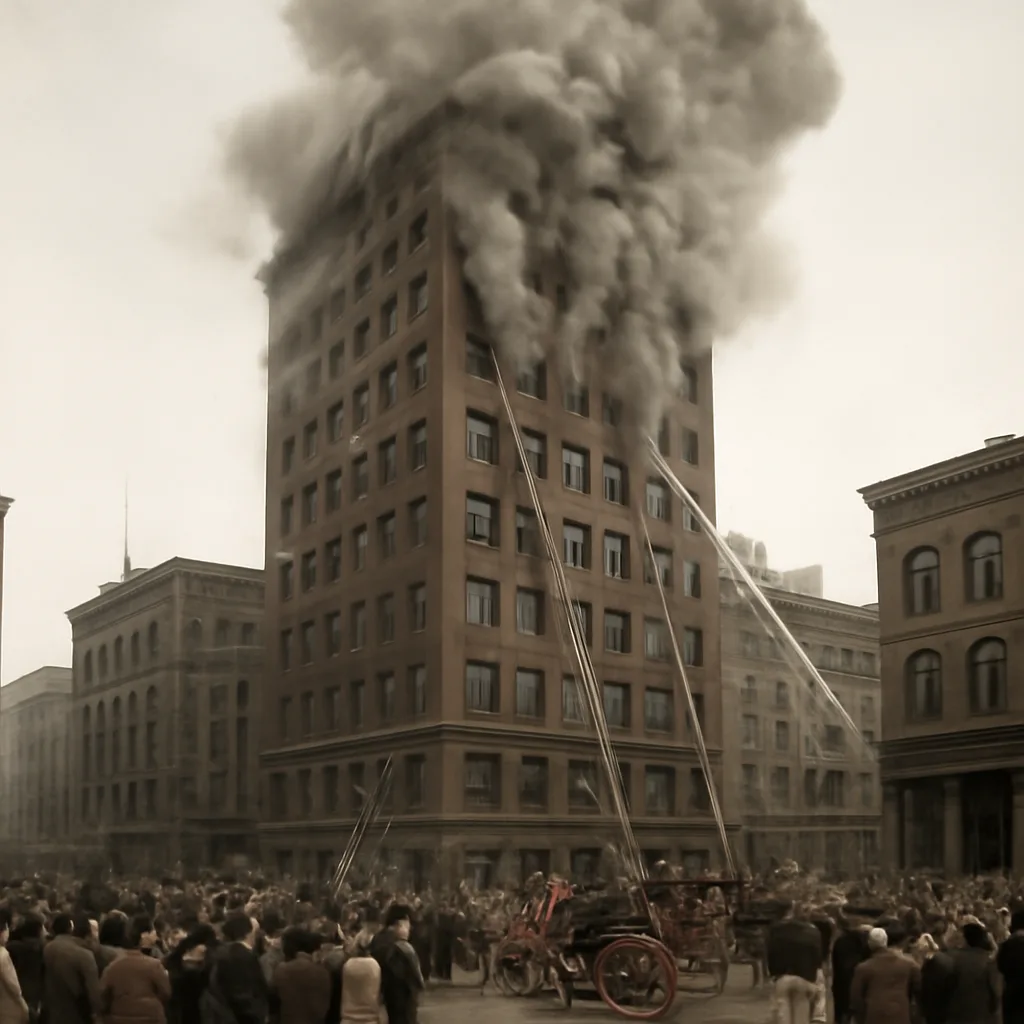 Exterior view of early 20th-century Asch Building facade with smoke and firefighters’ ladders; many window openings on upper floors associated with the Triangle Shirtwaist Factory fire, 1911.