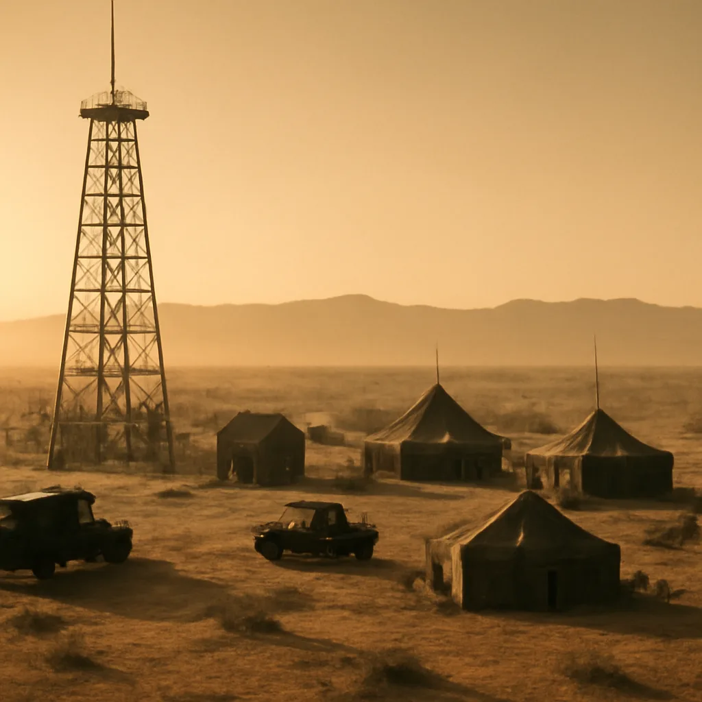 Wide desert landscape at sunrise with a small steel test tower and temporary field structures; distant dust and heat shimmer where an explosion occurred, with sparse scrub vegetation and mountains on the horizon.