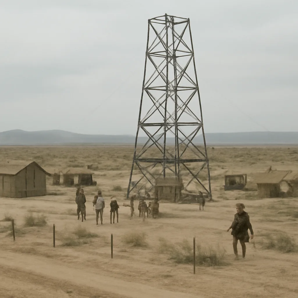 Temporary instrument shelters, wooden scaffolding and a steel test tower under construction on a barren New Mexico desert range in 1945, with tents and military vehicles nearby.