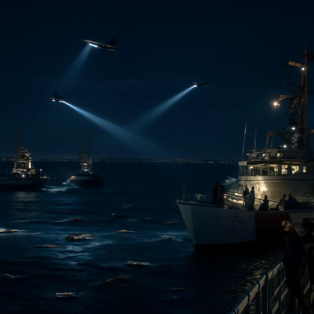 Nighttime scene of the Atlantic off Long Island with scattered debris and search vessels and aircraft conducting rescue and recovery operations under searchlights.