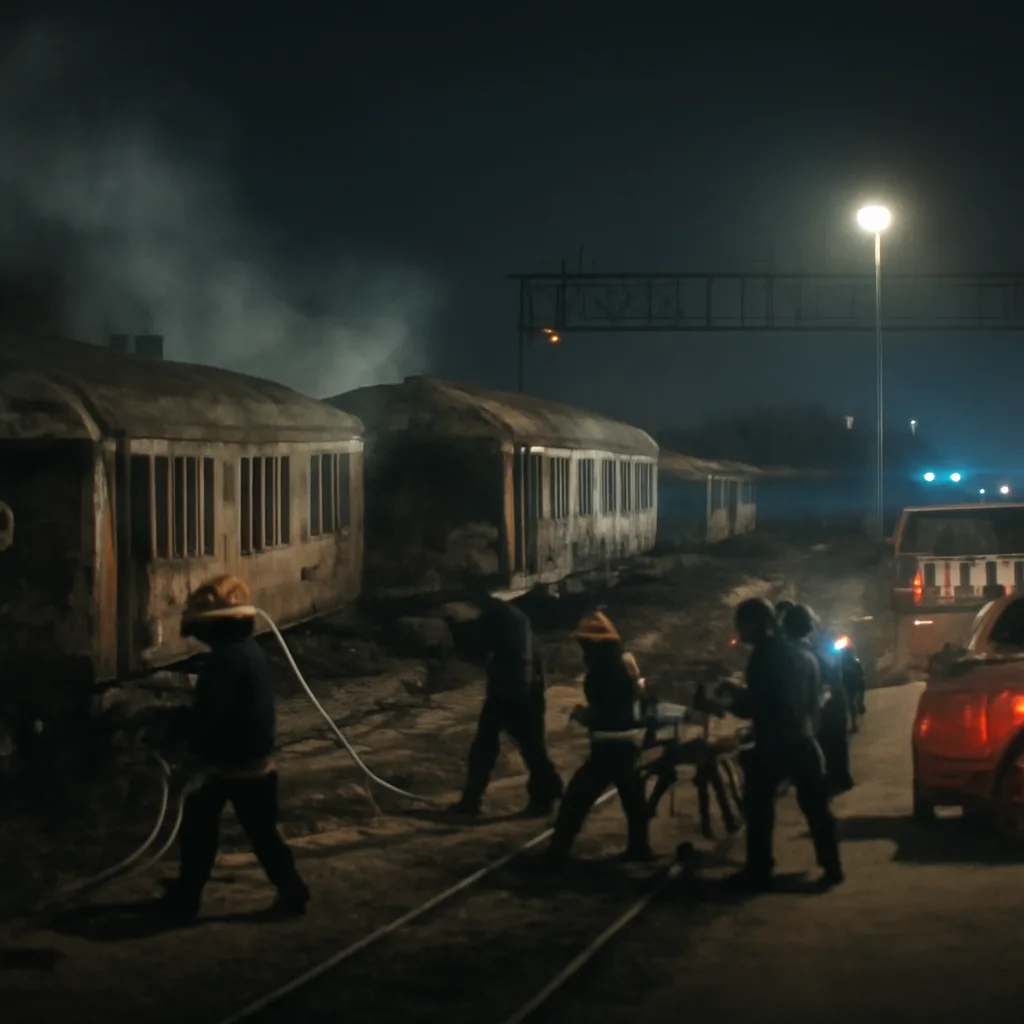 Wrecked passenger train carriages at night near Clapham Junction with emergency vehicles and firefighters attending the scene; smoke damage and twisted metal visible.