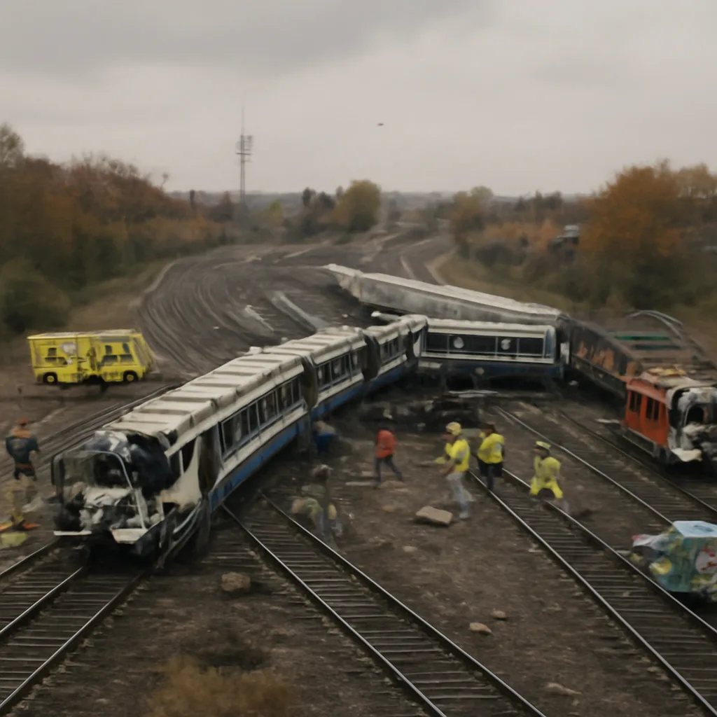 Derailment site near Clapham Junction showing damaged train carriages beside multiple railway tracks with emergency vehicles and personnel on scene, overcast sky.