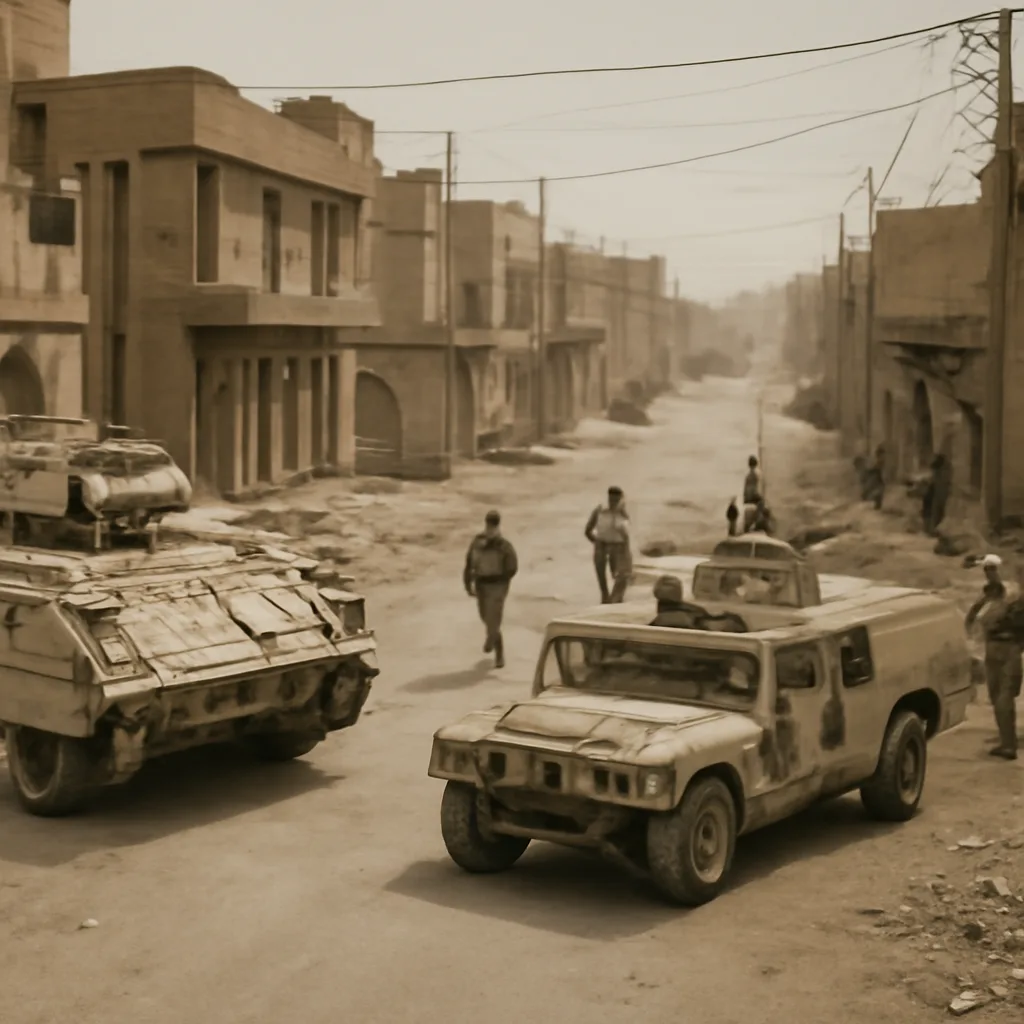U.S. Army vehicles and troops conducting operations in an urban Iraqi neighborhood in 2007, with sand-colored buildings and fortified checkpoints visible.
