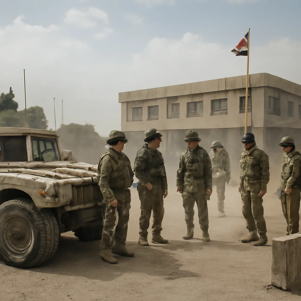 U.S. military vehicles and personnel outside an Iraqi government building during a daytime shift from combat to advisory operations, with Iraqi security personnel present.