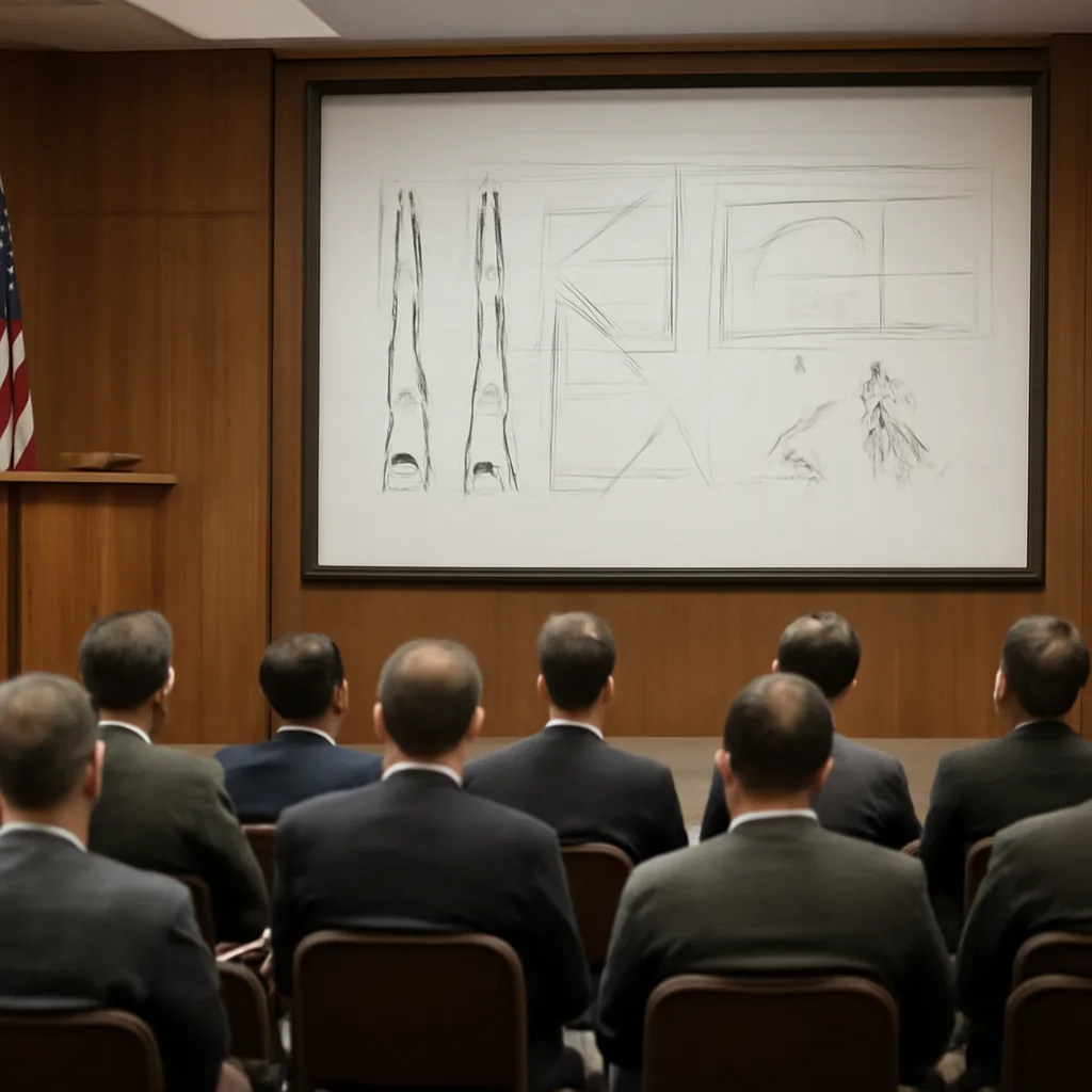 Cold War-era scene showing a U.S. government podium and flag with schematic diagrams of missiles and radar overlays on a screen behind, suggesting missile defense research and policy discussion.