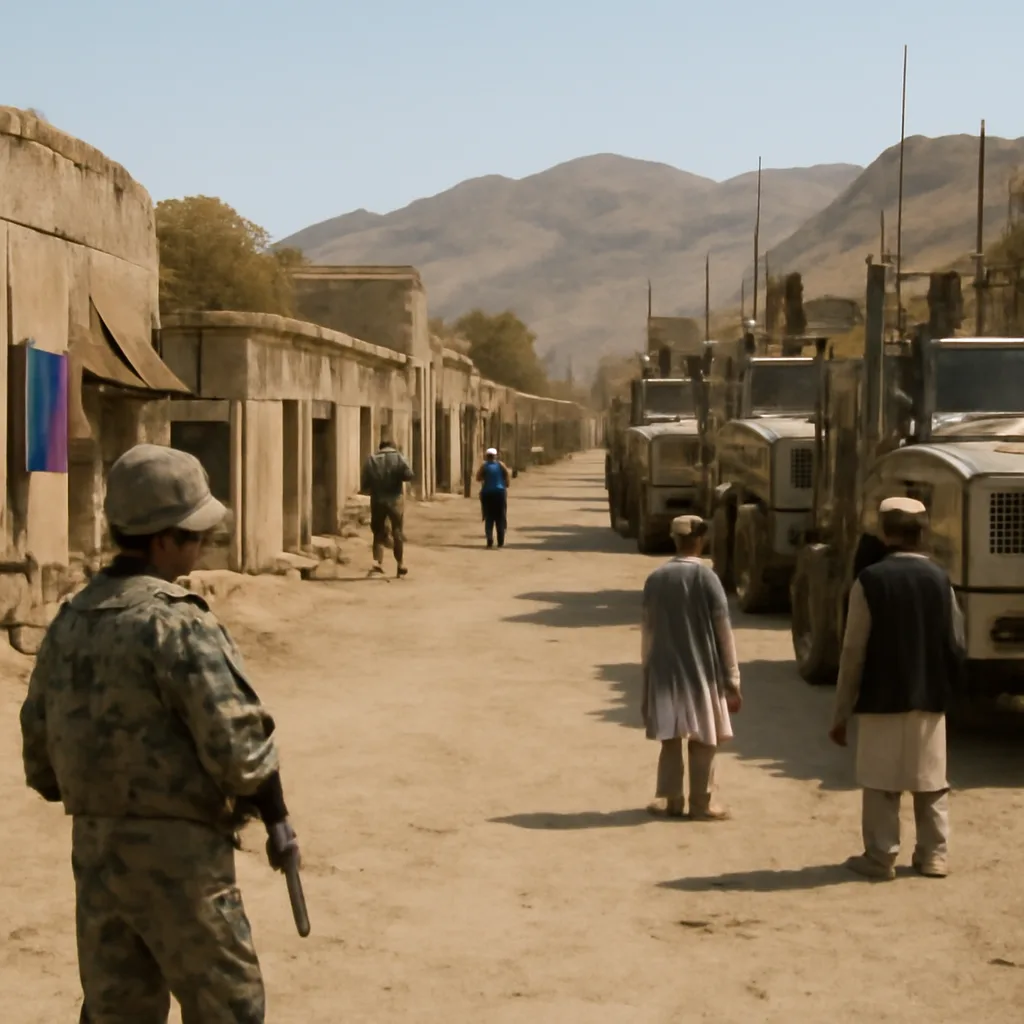 US soldiers and Afghan interpreters moving through a dusty village street in southern Afghanistan, convoy vehicles and low-rise mud-brick buildings visible, daytime.