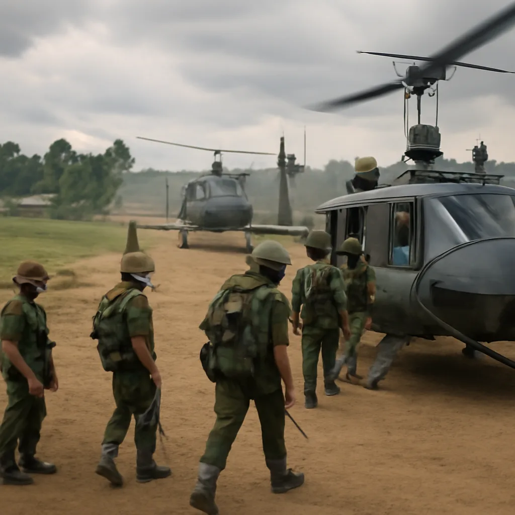 U.S. helicopters and soldiers departing a South Vietnamese landing zone, with nearby ARVN troops and rural landscape under overcast sky, July 1969 context.