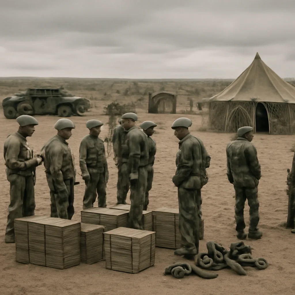 Soldiers in 1950s military uniforms standing near testing equipment at a barren test range; vintage tents and vehicles in background, no identifiable faces.