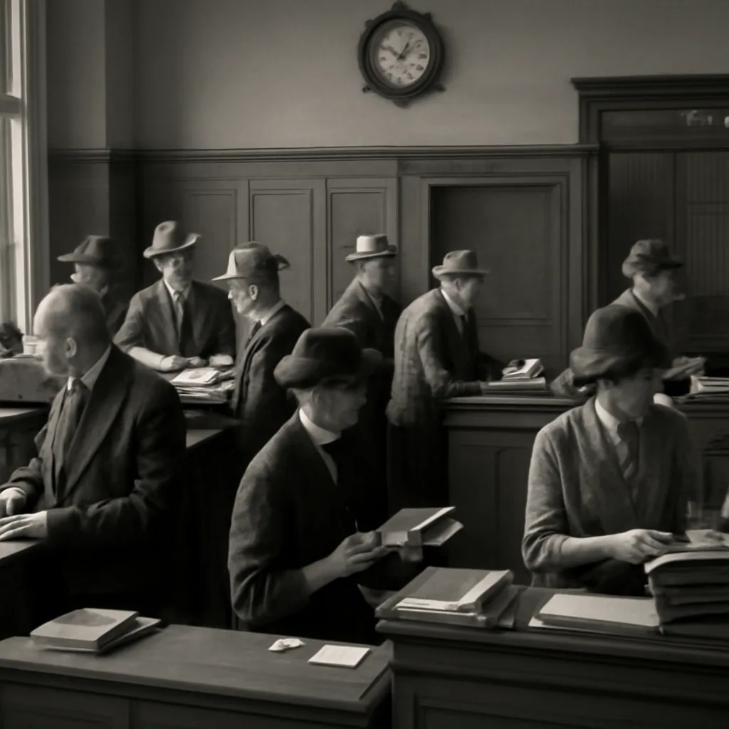 1930s postal workers and a bank clerk at counters with piles of letters and customer ledgers, illustrating mail and recordkeeping practices used in a 1939 identity-fraud prosecution.