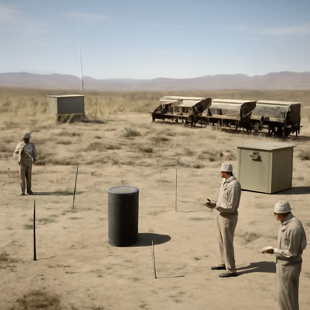 Desert test site with survey vehicles and instrumentation over a sealed borehole amid arid terrain under a clear sky; no identifiable faces.