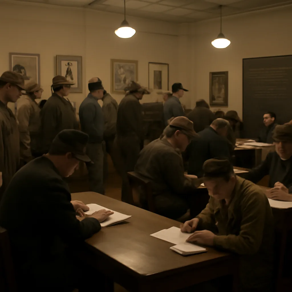 1940s draft registration scene: a government office with men filing paperwork before a local draft board, period clothing and signage indicating Selective Service procedures.