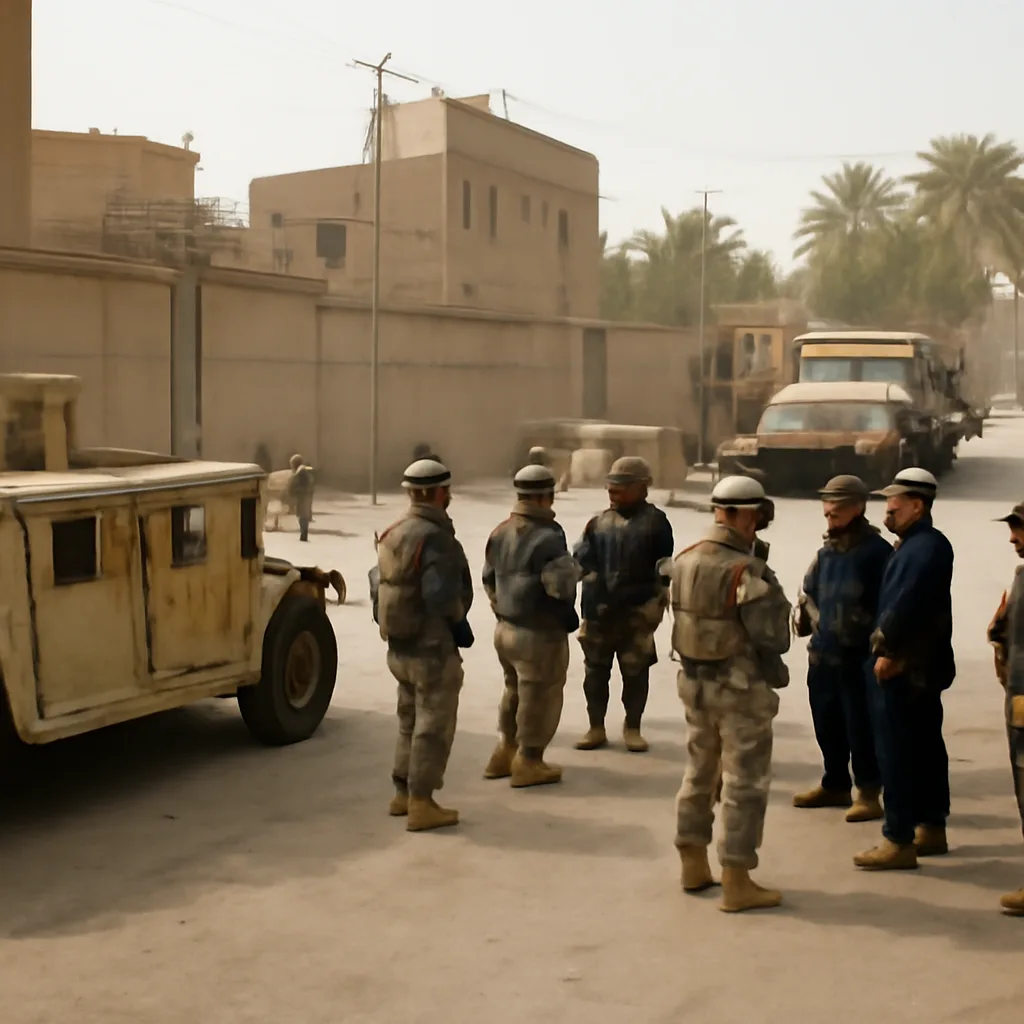 U.S. military vehicles and troops in an Iraqi urban setting circa late 2000s, with Iraqi security forces present, showing a transition from combat to advisory activity.