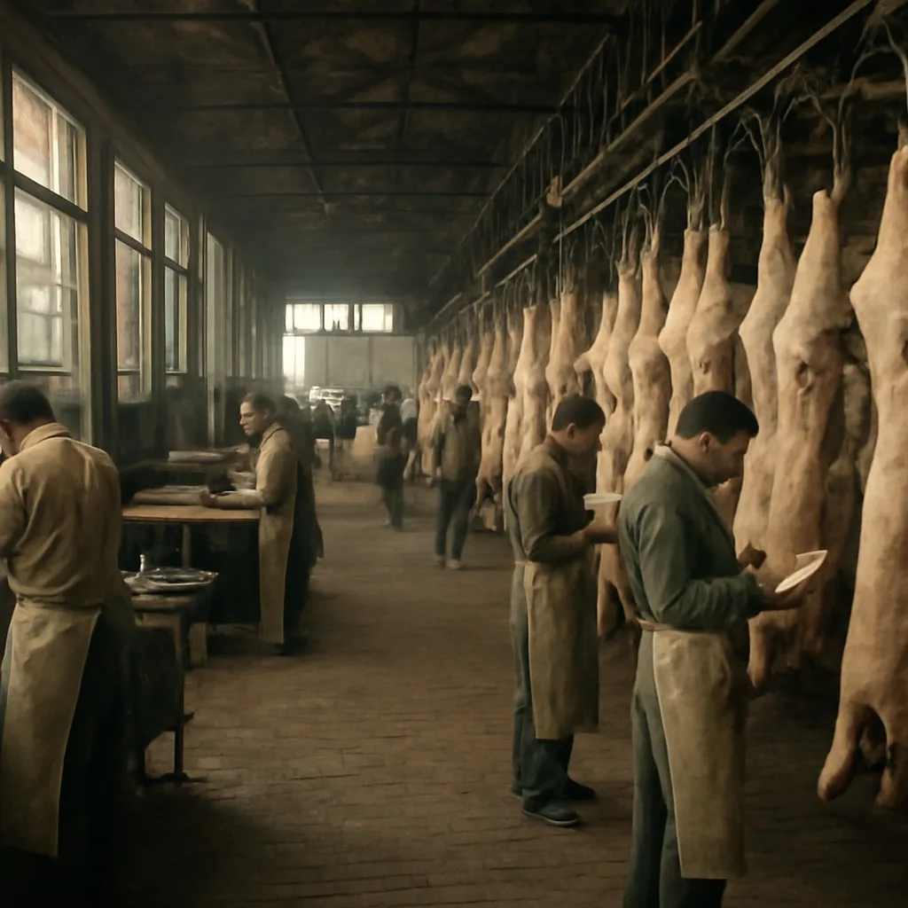 Early 20th-century slaughterhouse or packing plant interior with rows of industrial equipment and workers in period clothing, illustrating meat inspection and industrial food processing.
