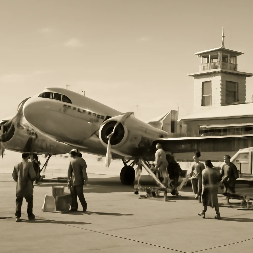 A 1930s-era commercial airliner on a grass or concrete airfield with mechanics and ground crew in period workwear nearby; early airport buildings and a control tower in the background.