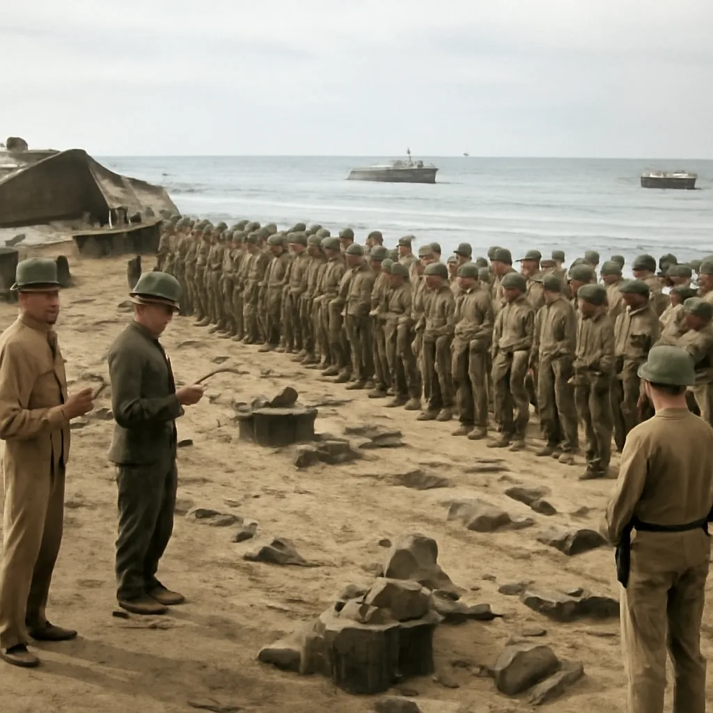 U.S. servicemen overseeing Japanese troops assembling for formal surrender and disarmament on a Pacific island shoreline, with military equipment and temporary tents visible.