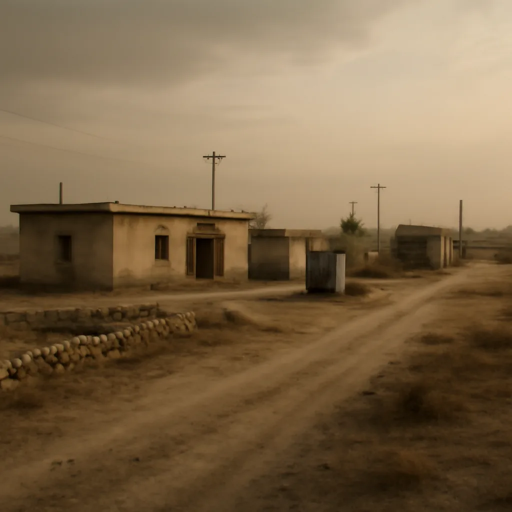 Rural Iraqi landscape near Tikrit with modest concrete buildings and a field; scene showing a simple, low-profile house and surrounding terrain where a hidden underground bunker might be located, no identifiable people.