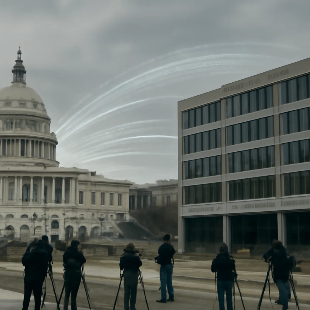 Exterior of the U.S. Capitol and NSA headquarters in a montage suggesting government oversight and intelligence, with abstract representations of digital data flows.