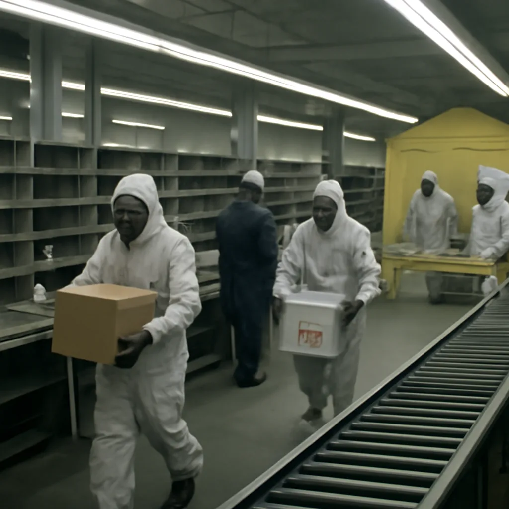 Post office sorting room with mail bins and postal workers in protective gear during decontamination efforts in 2001; containers and hazmat signage visible, no identifiable faces.