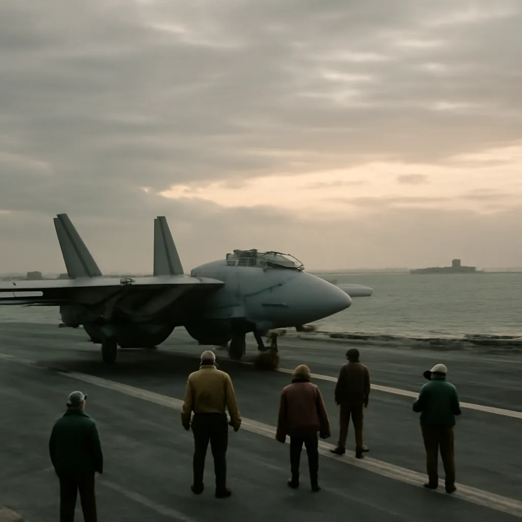 U.S. Navy jet taking off from an aircraft carrier on the Persian Gulf in 1990, gray deck, overcast sky, aircraft launch equipment visible, no identifiable faces.