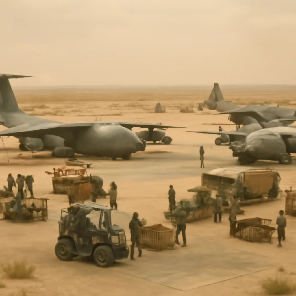 U.S. military cargo aircraft on a desert airfield in October 1973 being loaded with crates and pallets of military supplies, with service personnel and ground equipment visible.