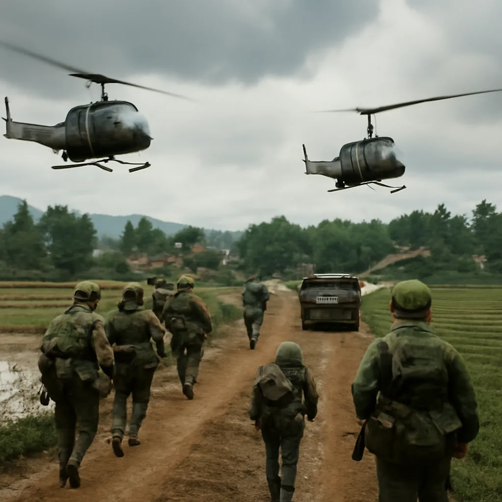 U.S. helicopters and infantry operating in a rural South Vietnam landscape, with palm trees, rice paddies, and small hamlets visible; vehicles and troops are in 1960s-era military gear.