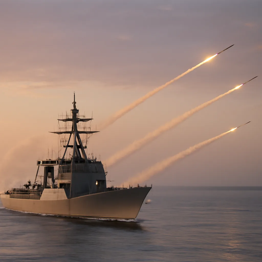 Naval destroyer at sea launching a cruise missile over open water at dawn; distant coastline visible under a hazy sky.