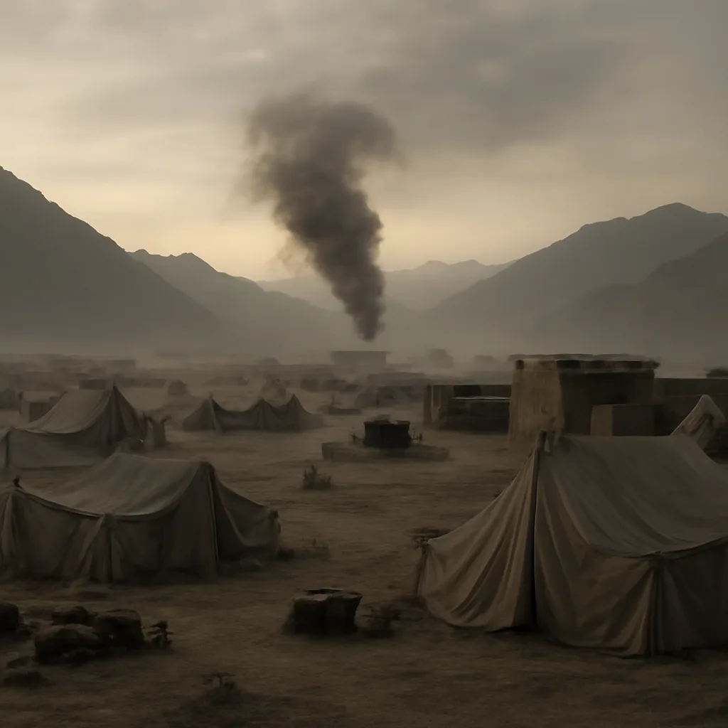 Aerial view of a sparse, arid Afghan camp area with tents and low structures, smoke rising in the distance after a strike; no identifiable faces.