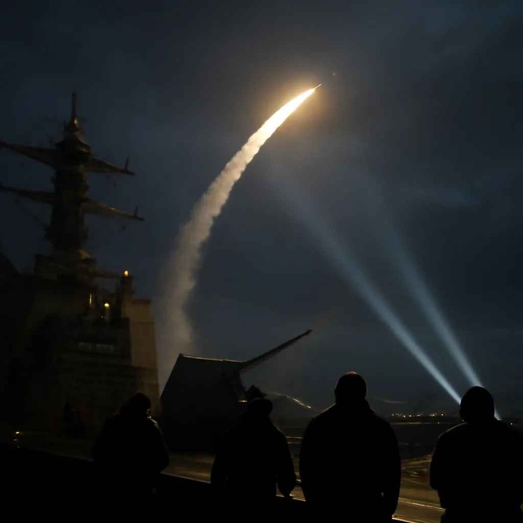 U.S. Navy cruise missile launch at night over open sea; distant city lights on horizon and dark sky