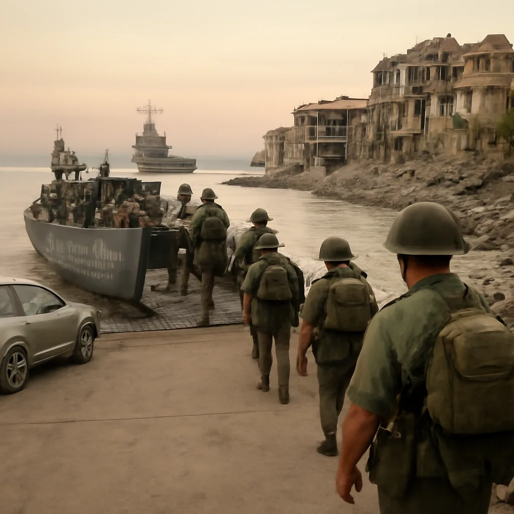 U.S. Marine landing craft off the coast of Beirut in 1982 with Marines disembarking near port facilities; buildings and a damaged urban coastline visible in the background.
