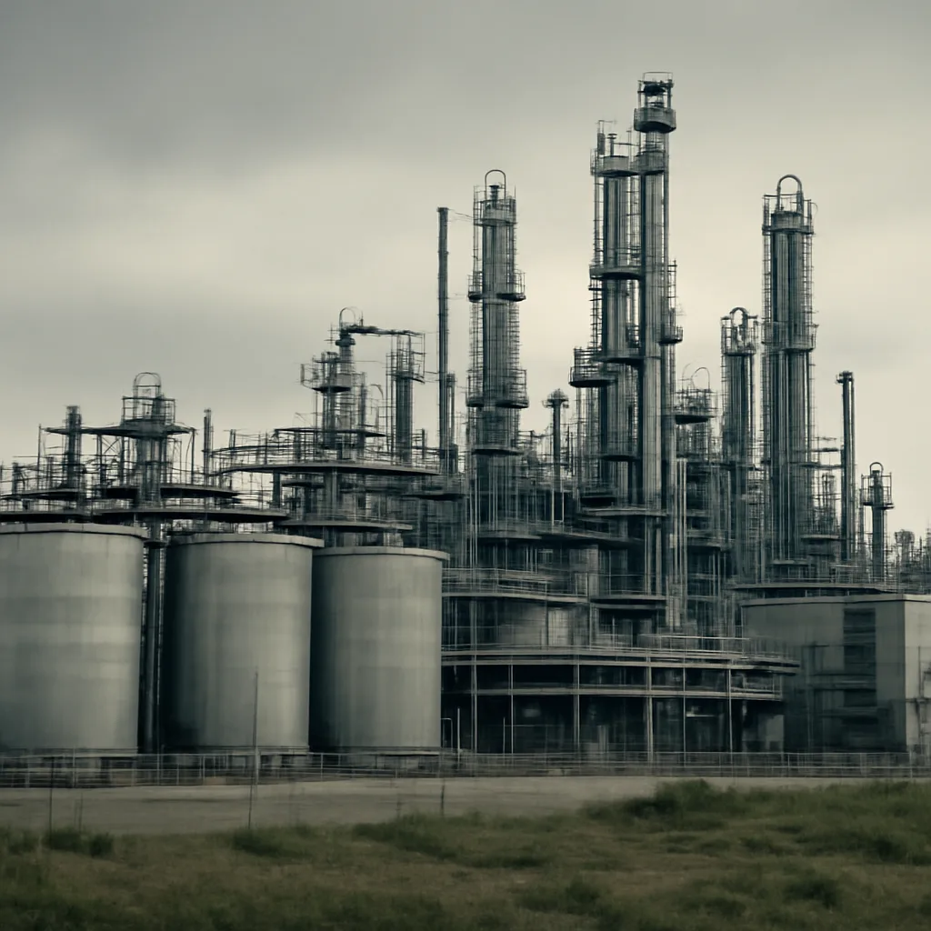 Late 20th-century industrial chemical plant with storage tanks and pipelines under overcast sky, viewed from a distance; no identifiable people.