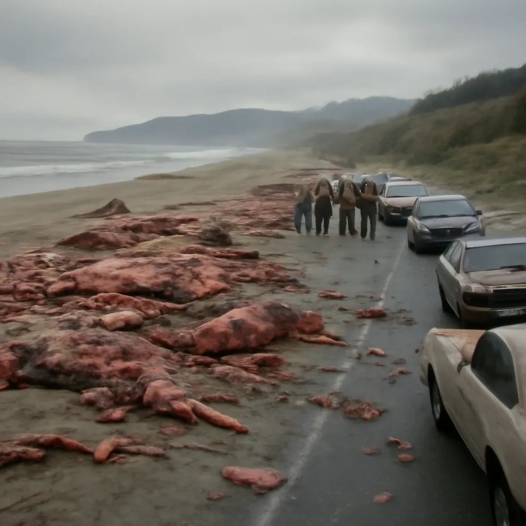 A sandy Oregon beach and adjacent coastal highway strewn with debris and large pieces of whale blubber; nearby parked cars show splatter and damage; emergency personnel and bystanders stand at a distance under overcast sky.