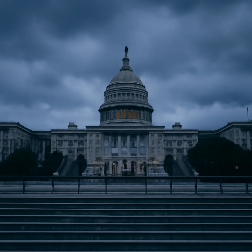 A wide shot of the U.S. Capitol and nearby federal office buildings at dusk, suggesting national policymaking; no identifiable individuals are shown.