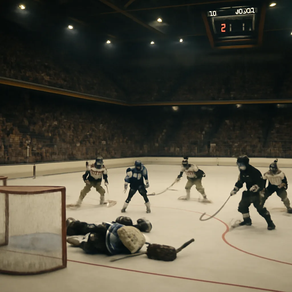 1980 Lake Placid Olympic Arena interior during the U.S.–USSR hockey game, showing players on ice, boards, and packed stands under arena lighting.