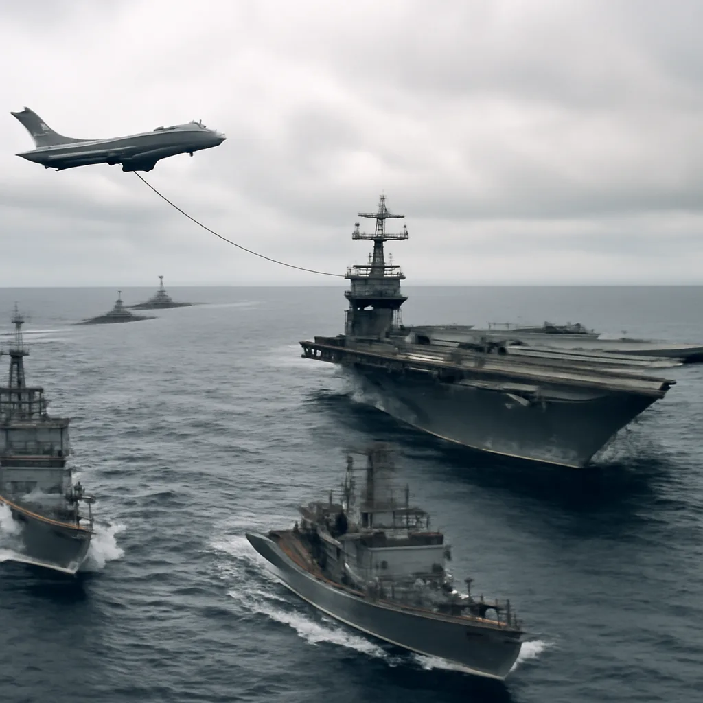 Naval and air components from a Cold War-era large-scale U.S. military exercise at sea and in the air: multiple naval vessels underway with carrier flight operations and mid-air refueling tankers supporting jet aircraft.