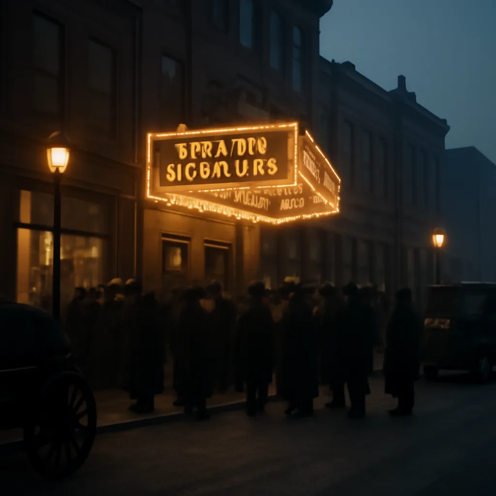 Early 20th-century movie theater exterior with marquee and crowds, officials or policemen nearby and a recruitment of posters and gas lamps, circa 1910s.