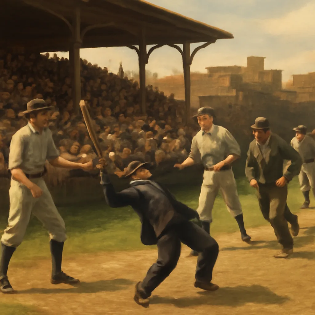 1920s baseball field with umpire collapsing after being struck, players and spectators reacting in period clothing